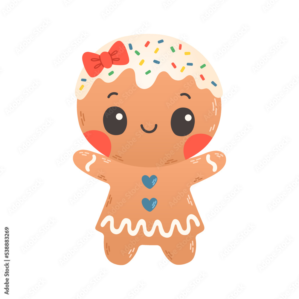 Obraz premium Holiday gingerbread woman cookie. Cookie in shape of woman with colored icing. Vector illustration in flat style