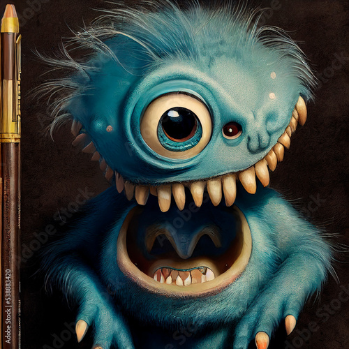 Scary cartoon style monster  spooky character with big eye on dark background