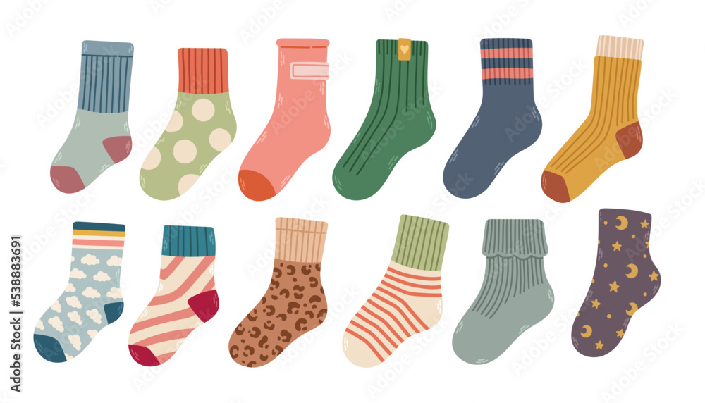 Collection of trendy cotton and woolen socks with different textures isolated on white background vector illustration Collection of trendy cotton and woolen socks with different textures isolated on white background vector illustration