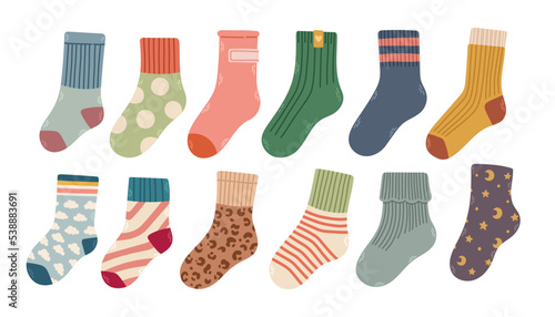 Collection of trendy cotton and woolen socks with different textures isolated on white background vector illustration