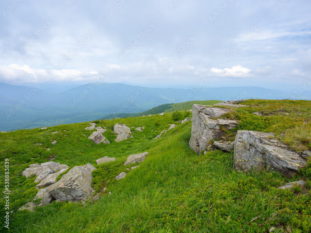 stones and boulders on the grassy meadow. green landscape in summer. rainy weather in mountains with overcast sky