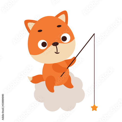 Cute little fox fishing star on cloud. Cartoon animal character for kids t-shirt, nursery decoration, baby shower, greeting cards, invitations, house interior. Vector stock illustration
