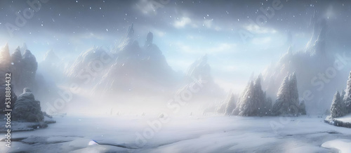 A Foggy Snowy Landscape With Trees, Interesting Background Wallpaper. Digital Cg Artwork