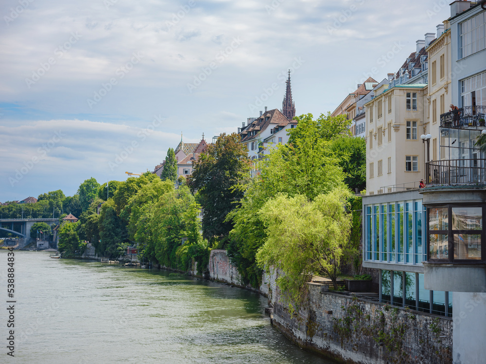 Buildings in the city centre of Basel and the Rhine river, Switzerland. Riverside of swiss city