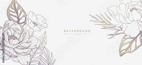 Botanical line bakground with flowers and leaves. Floral foliage for wedding invitation, wall art or card template. Vector illustration. Luxury rustic trendy art