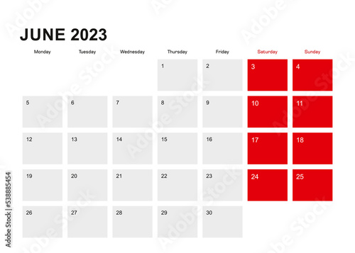 2023 June planner calendar design. Week starts from Monday.