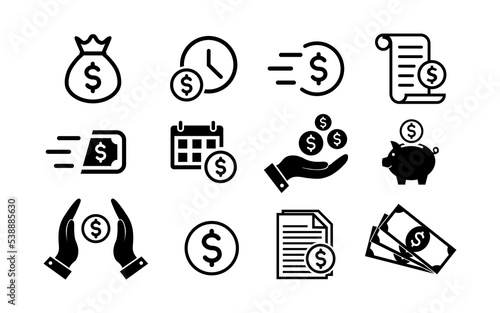Money icon set in flat style. Money bag, coins and dollar symbols. Piggy bank and money in hand icons isolated on white. Paper money icons in black Vector illustration for graphic design, Web, UI, app