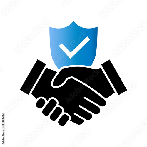Protection icon in flat style. Handshake icon with shield, partnership symbol. User profile security symbol. Mark approved icon. Guard shield icon with tick Vector illustration for graphic design, Web