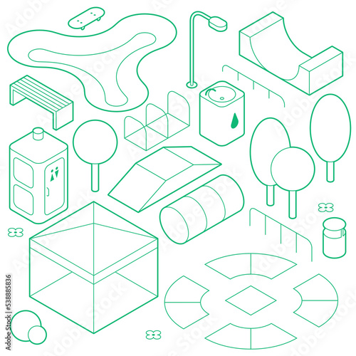 Isometric Outline Skatepark Objects Set