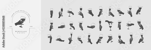 Collection of different woman hands gestures hold wineglass or drink cocktails. Minimal silhouette trendy style. Line icons or symbol of female hand for logo in restaurant or bar. Vector