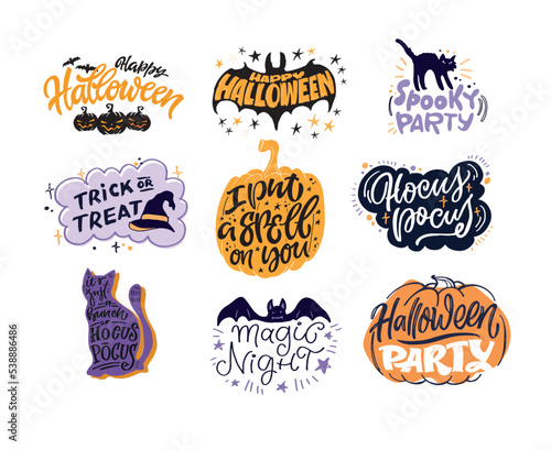 Halloween mega set. Happy halloween - cute hand drawn doodle lettering label. Halloween party - Trick or Treat. Lettering art for poster, web, banner, t-shirt design.