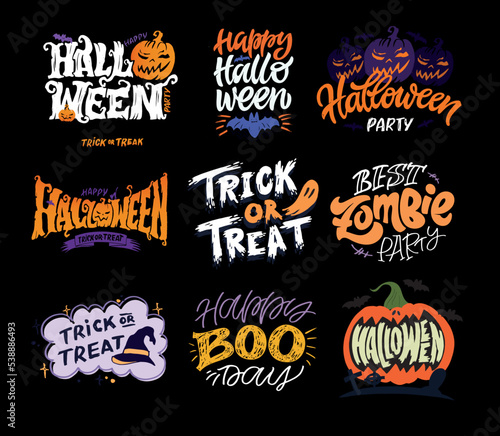 Halloween mega set. Happy halloween - cute hand drawn doodle lettering label. Halloween party - Trick or Treat. Lettering art for poster, web, banner, t-shirt design.