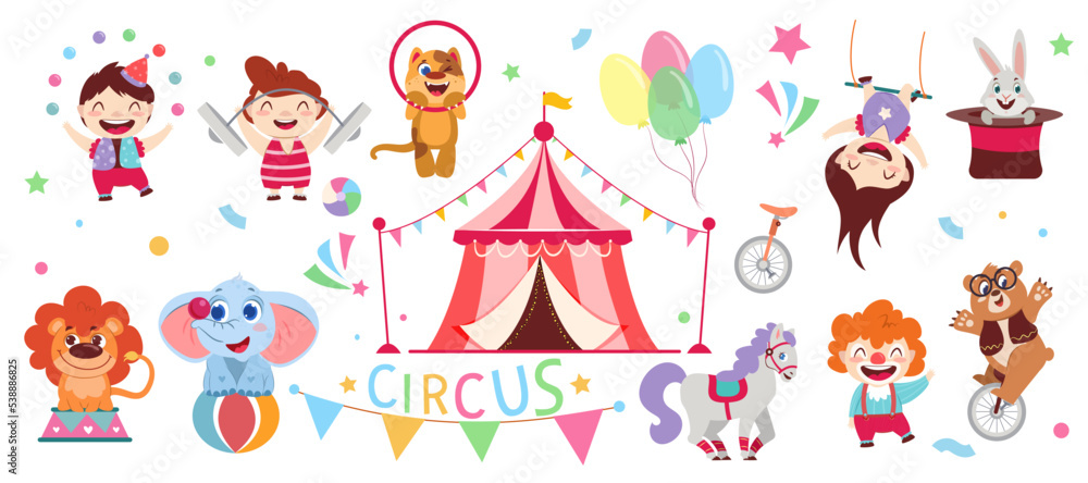 Set of cartoon circus tent, happy artists, funny performers animals and decoration in amusement park. Flat juggler, clown, gymnast and strongman. Elephant , bear, lion, rabbit and pony show carnival.