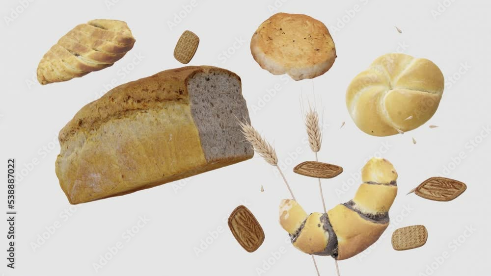Wheat ears, bread, pastries on white background. Celiac disease and