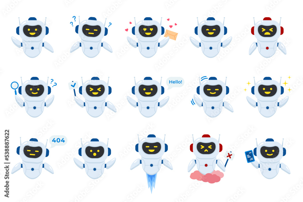 Chatbot set. Cartoon robot chat bots with different emotion for communication with service user Chatbot set. Cartoon robot chat bots with different emotion for communication with service user