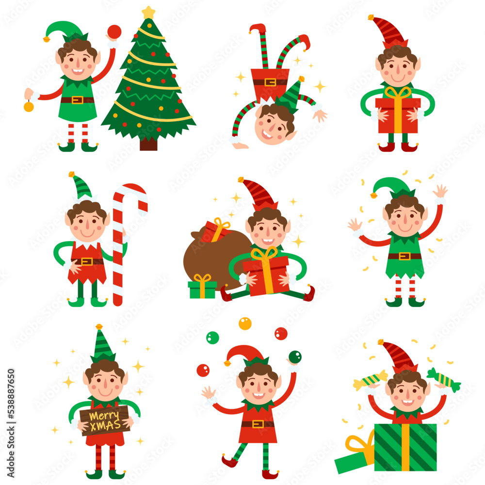 Set of cute playful Christmas elves. Cute santa claus helpers with xmas tree, bag of gifts Set of cute playful Christmas elves. Cute santa claus helpers with xmas tree, bag of gifts