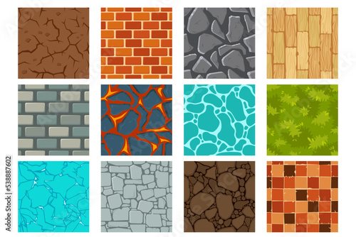 Game ground seamless pattern set, cartoon land top view texture, stone rock background