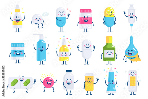 Cartoon medical characters set. Cut funny tube of drug pills, medicines and vitamins waving hands