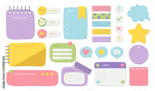 Cartoon task planners, cute paper sticky notes, banners, to do list or memo message notepads sheets