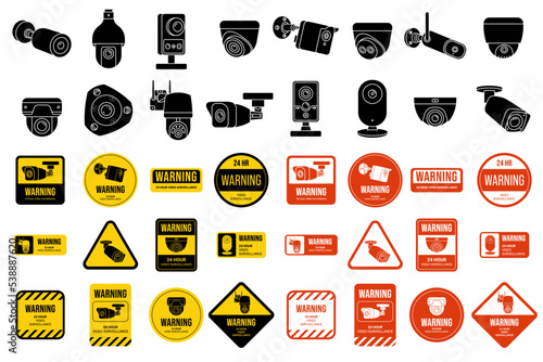 Cctv cameras sign set. Emblems of warning, surveillance security, video monitoring technology