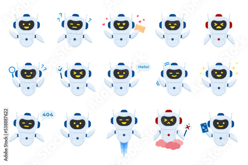 Chatbot set. Cartoon robot chat bots with different emotion for communication with service user
