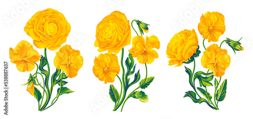 Yellow flowers botanical compositionsisolated clip art on white background. Violas, Pansies, Buttercups Ranunculus with leaves, buds for postcard, poster, clothing design, cosmetic advertising 