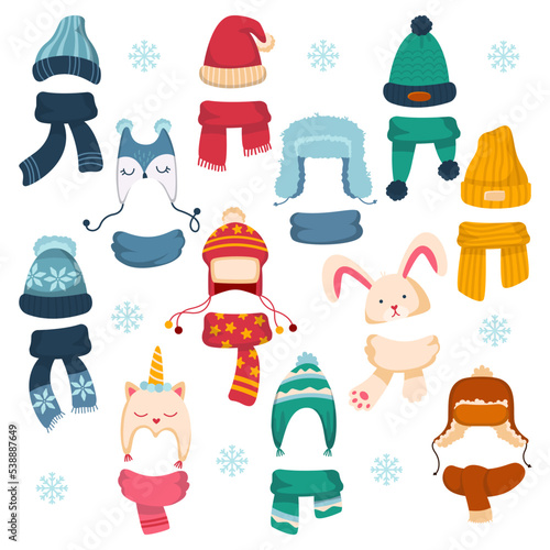 Winter kids hat and scarf set. Warm children wintertime headwear and autumn accessories
