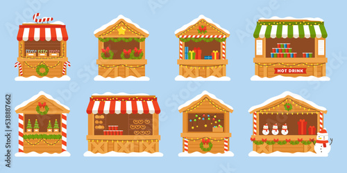 Christmas market stalls kiosks set. Market seller with New Year food, hot drink, mulled vine cacao