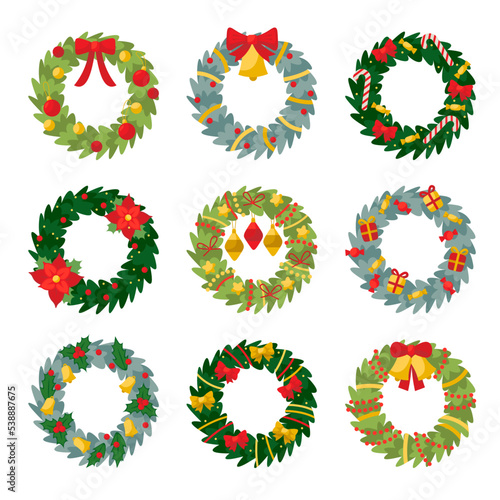 Christmas wreaths set design elements, green pine wreath with festive xmas or new year decorations