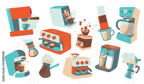 Coffee maker set. Filter, espresso machine, french press, dripper, coffee turk, moka pot, aeropress