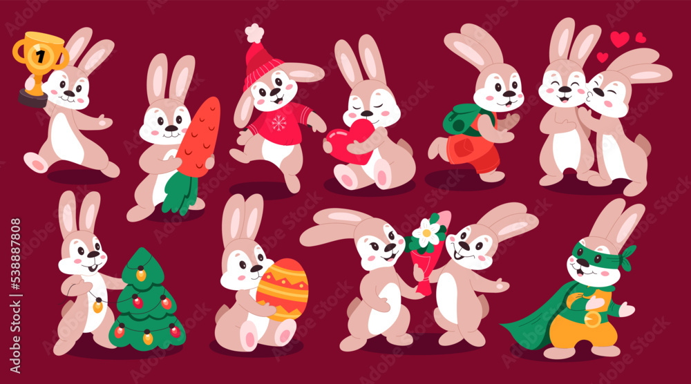 Obraz premium Cute cartoon rabbits. Funny furry gray hares, Easter bunnies run to school, decorate christmas tree
