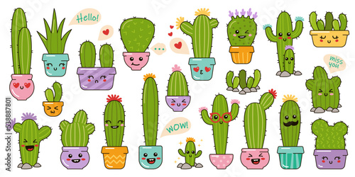 Cactus in flowerpot. Set of cartoon cactus flowers and funny faces. Cute succulent kawaii character