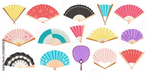 Colorful hand fans set. Chinese or japanese paper ancient traditional fans, personal accessories