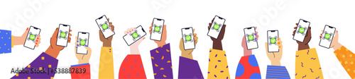 Diverse young men women hands holding smartphones with QR code on screen. Digital healthy passport