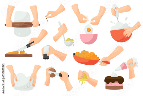 Hands prepare food set. Frying eggs, whipping cream with mixer, work with dough, cutting and slicing