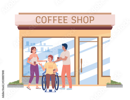 Friends drinking coffee semi flat color vector characters. Editable figures. Full body people on white. Simple cartoon style illustration for web graphic design and animation. Recursive font used