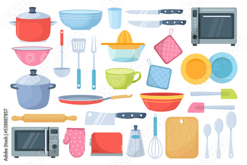 Kitchenware for cooking in microwave or oven stove. Kitchen utensils, tools, equipment and cutlery