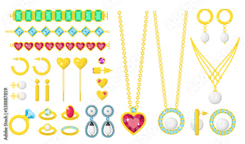 Jewelry set. Golden beads, necklace, ring and chain with gemstone. Fashion earrings and bracelets