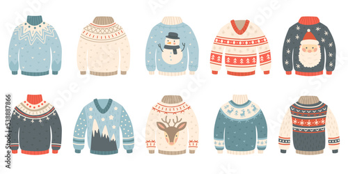 Traditional ugly christmas sweaters. Cartoon cute wool jumper. Knitted tacky winter holiday pullover