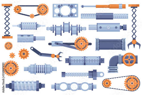 Mechanism parts, machine, factory engine industrial elements set. Technical gears and mechanics