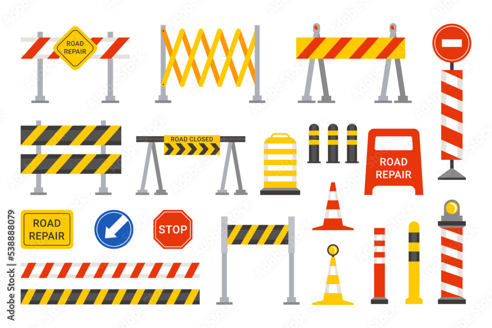 Road repair barriers set. Safety barricade warning at stops and streets symbol safe reconstruction - obrazy, fototapety, plakaty 
