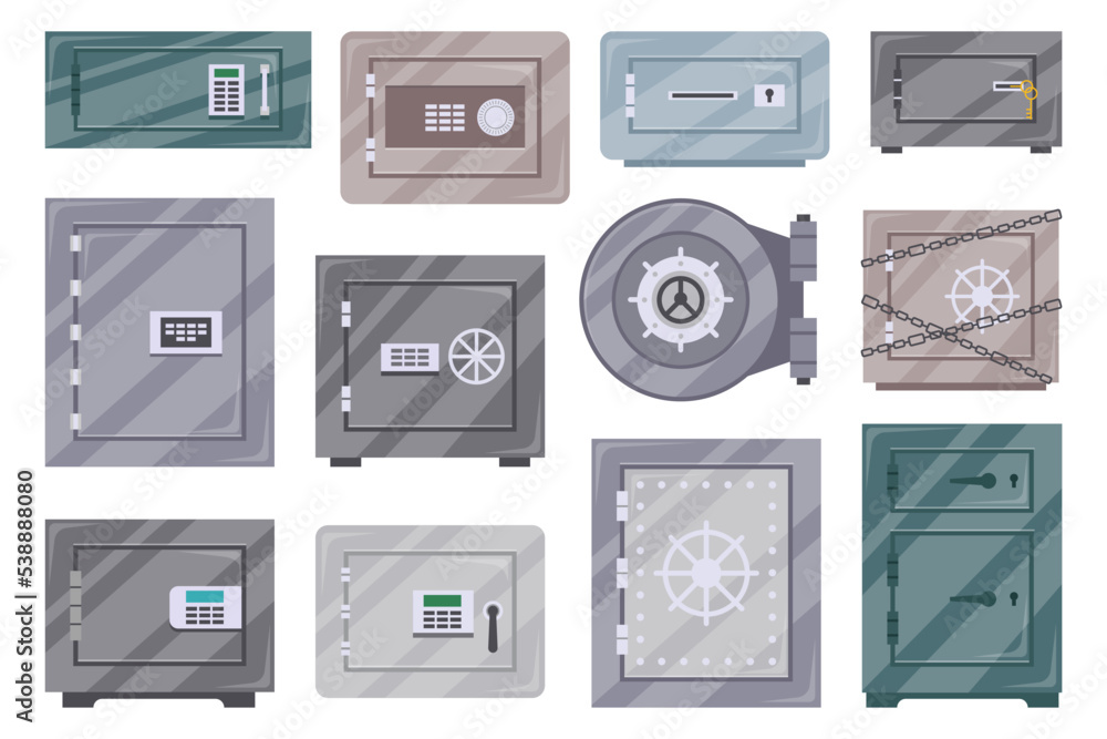 Cartoon metal safe boxes with code locks, bank vault door. Stationary