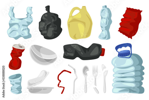 Plastic wastes set. Pollution and zero waste. Stop using plastic bag, cup, straw, bottle, canister