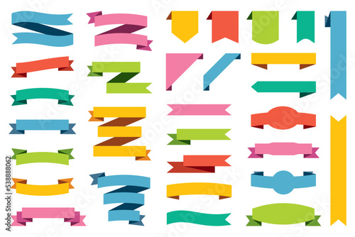 Colorful ribbon tags set. Label banners template. Scroll paper decorations for shopping sale tag