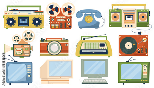 Retro devices and gadgets. Photo camera, recorder, video cassette, player, TV, computer electronics