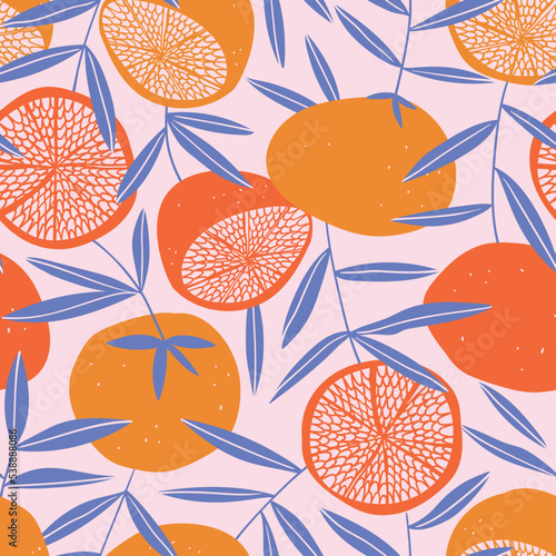 Tropical seamless pattern with grapefruit in pop art colors. Fruit repeated texture. Vector bright citrus print for fabric or wallpaper. 