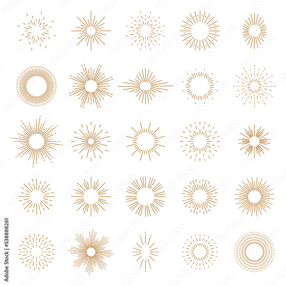 Set of sun, sunburst, light rays in line art. Bohemian symbol bursting sun rays. Magic talisman Set of sun, sunburst, light rays in line art. Bohemian symbol bursting sun rays. Magic talisman