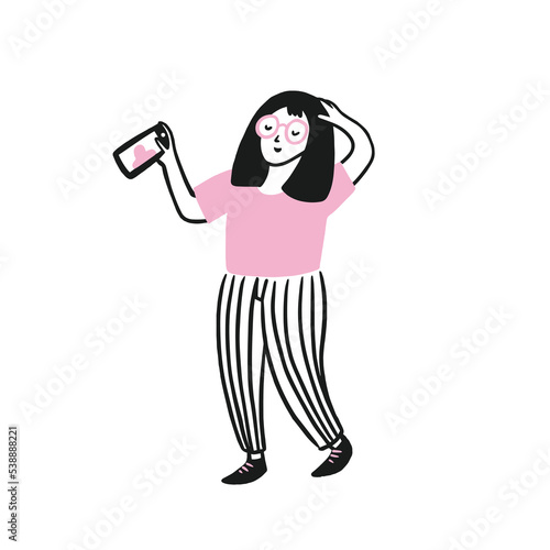 Girl using her smartphone taking self photo having fun wearing eyeglasses  isolated on the white background. Vector illustration in hand-drawn line style. Selfie illustration