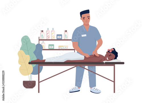 Massage 2D vector isolated illustration. Spa salon procedure flat characters on cartoon background. Body treatment service colourful editable scene for mobile, website, presentation