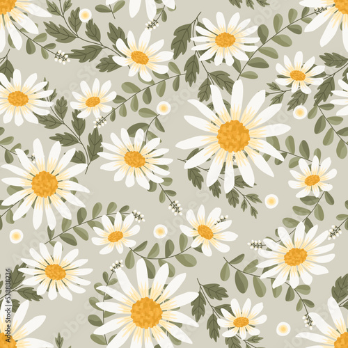 Floral vector artwork for apparel and fashion fabrics  White daisy flowers wreath ivy style with branch and leaves. Seamless pattern background.